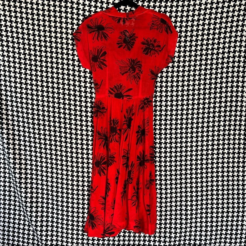 Vintage 1940s semi-sheer a-line red dress with allover black floral print. Small - Picture 10 of 15